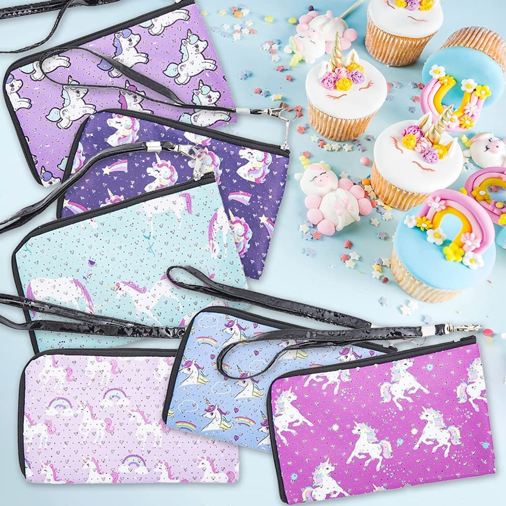Unicorn Wristlets for Kids, Set of 6, Cute Unicorn Wrist Bags with Strap and Zipper, Unicorn Gifts for Girls, Princess Party Supplies, Birthday Party Favors and Goodie Bag Fillers