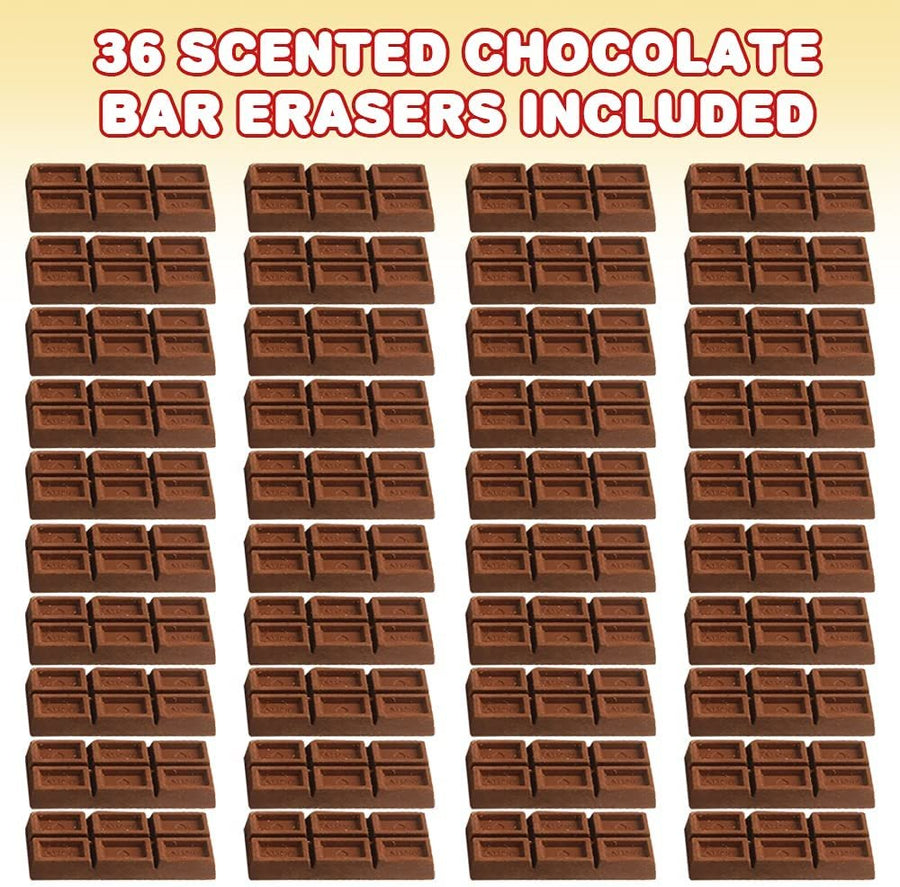 Scented Chocolate Bar Erasers, Set of 36, Rubber Candy Bar Erasers with a Delicious Scent, Cool Back to School Supplies, Classroom Prizes, and Stationery Party Favors for Kids