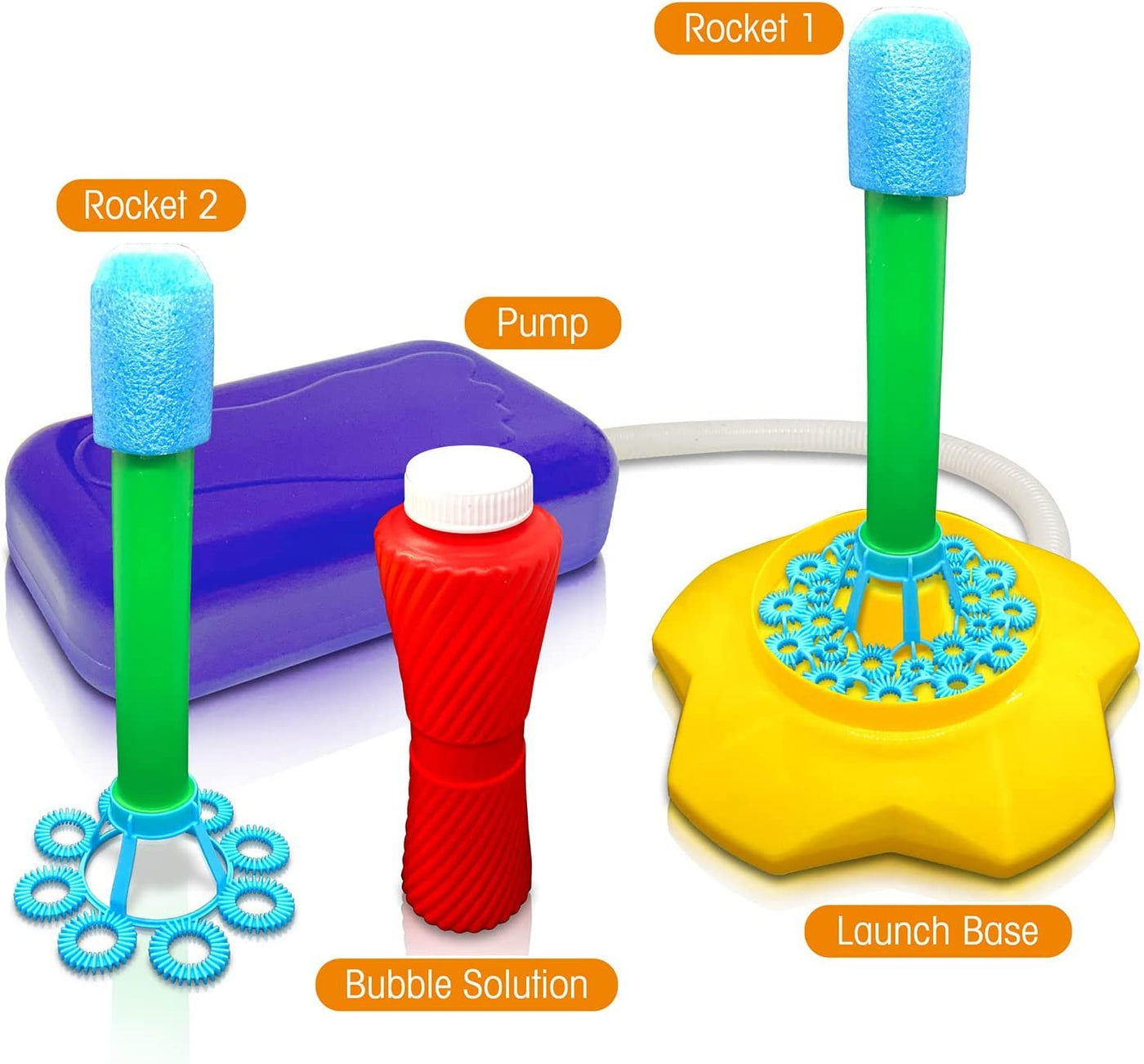 Bubble Rocket Launcher Toy Set, Includes 2 Bubble Rockets, Bubble Solution, Pump, and Base, Flying Bubble Blaster Rockets for Hours of Outdoor Fun, Bubble Maker Gift for Kids