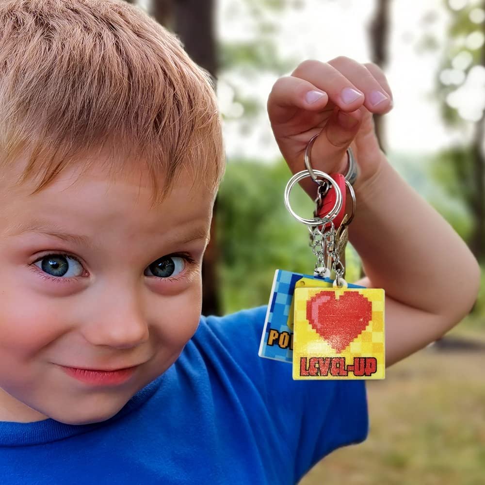 Power Up Keychains, Set of 12, Game Themed Keychains for Kids in Assorted Designs, Video Game Party Supplies and Game Gifts, Superhero and Video Game Party Favors for Boys and Girls