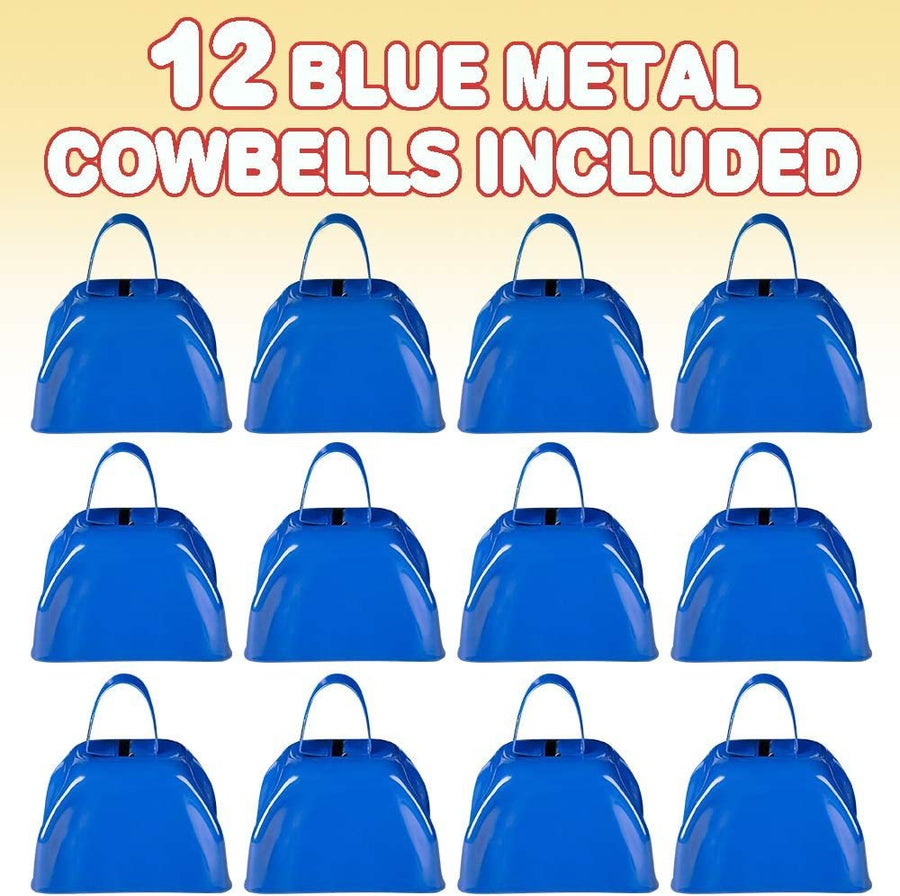 3" Blue Metal Cowbell Noisemakers - Pack of 12 - Loud Metal Cowbell Noise Makers with Handles, Great for Football Games, Sporting Events, New Year’s Eve, for Kids and Adults