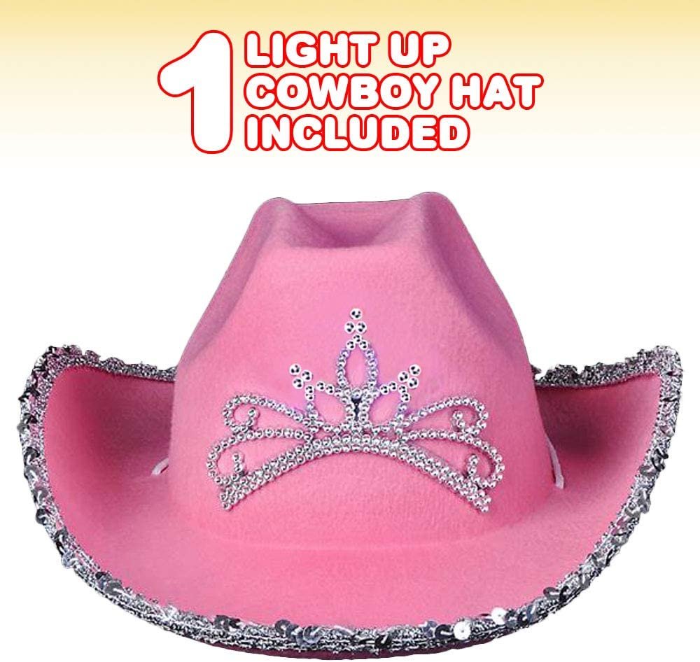Light-Up Pink Cowboy Hat for Girls - Sparkly Cowgirl Hat with Sequins and a Dazzling LED Tiara - Cute Cowgirl Birthday Party Hat for Girls - Fun Shiny Cowgirl Costume Accessory