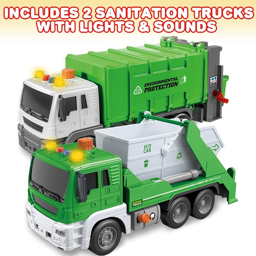 Sanitation Trucks Set, Pack of 2, Light Up Garbage Trucks for Boys and Girls with Movable Parts, Sound, and LEDs, Push and Go Toy Sanitation Truck Set, Car Toys for Kids Ages 3 and Up