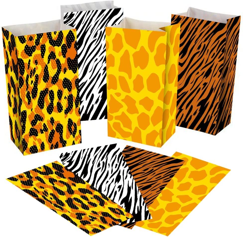 Safari Theme Party Favor Bags - Pack of 12 - Animal Print Goody Gift Bags with 4 Designs - Durable Treat Goodie Bags - Zoo, Jungle Party Supplies for Birthday, Baby Shower