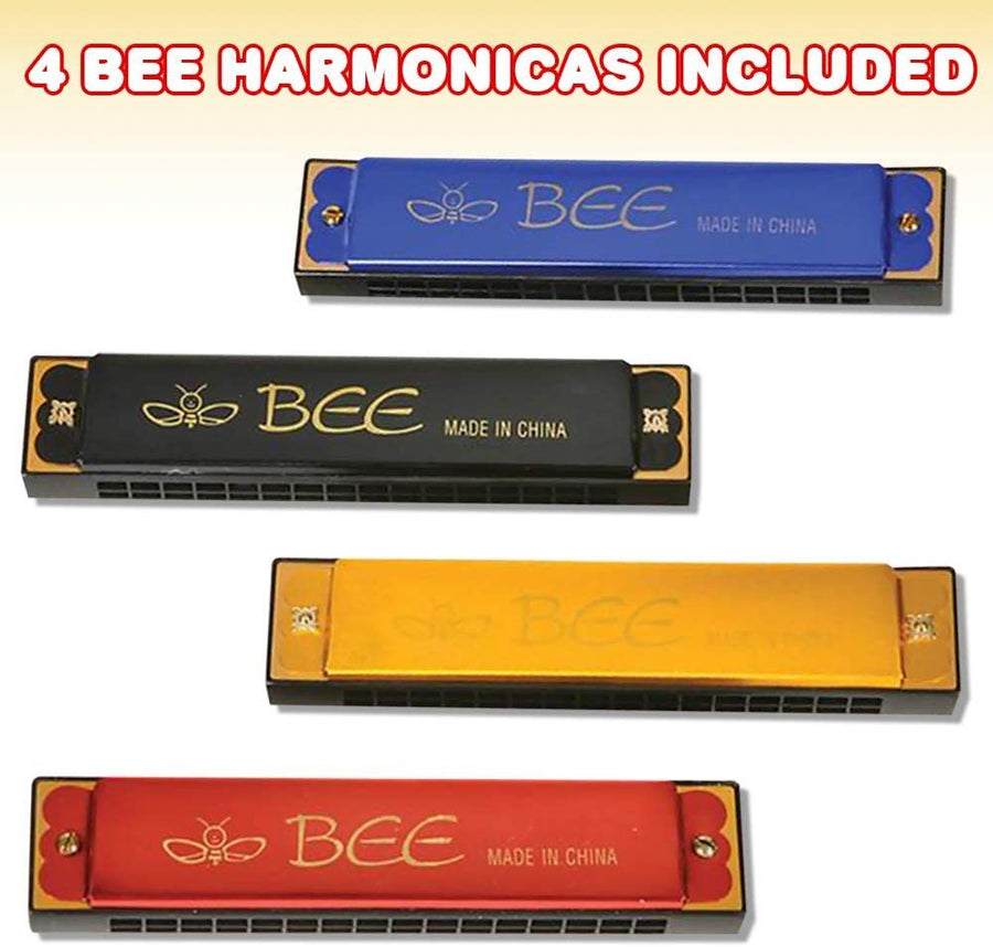 Bee Harmonicas for Kids, Set of 4, Fun Musical Instruments for Children, Individually Wrapped Music Toys in Gift Box, Fun Birthday Party Favors and Stocking Stuffers for Boys and Girls
