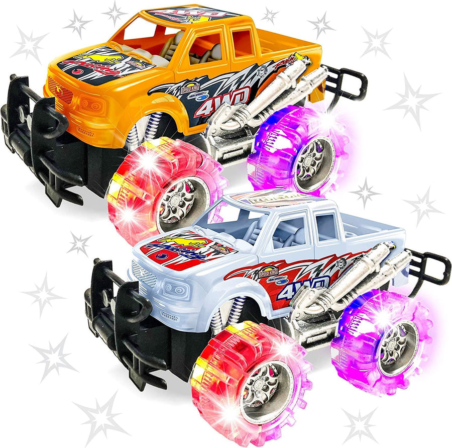 Orange and White Light Up Monster Truck Set for Boys and Girls, Set Includes 2, 6" Monster Trucks with Beautiful Flashing LED Tires, Push n Go Toy Cars, Best Gift for Kids Ages 3+