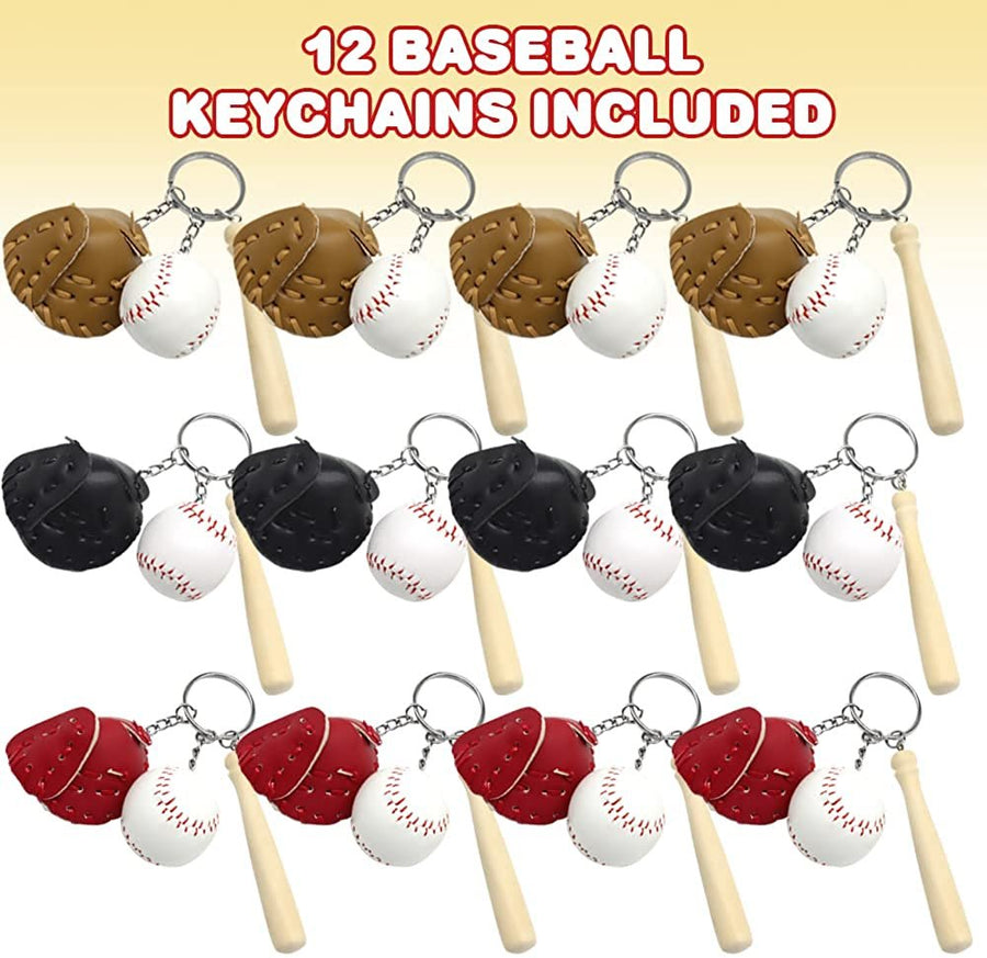 Baseball Keychains for Kids, Set of 12, Wooden Baseball Bat Keychains with a Ball and Mitt, Baseball Party Favors, Sports Party Goodie Bag Fillers, and Gifts for Athletes, 3 Colors