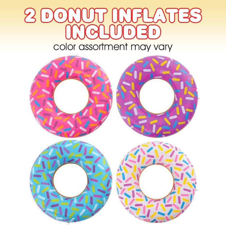 22" Donut Tube Inflates, Set of 2, Colorful Inflatable Donut Tubes in Assorted Designs, Donut Birthday Party Decorations Supplies, Durable Water Pool Toys for Kids, Fun Donut Party Favors