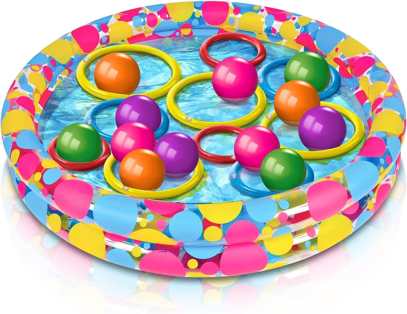 Gamie Floating Ring Toss Game for Kids, Outdoor Carnival Game Set with Inflatable Pool, Floating Rings, and Colored Plastic Balls, Outdoor Games for Family and Backyard Parties