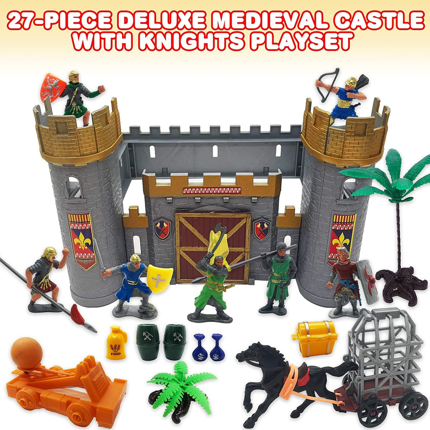 Medieval Castle Knights Playset for Kids, 27-Piece Deluxe Action Figure Play Set with Storage Bucket, Assembly Castle, 6 Knight Action Figures, Horse Drawn Carriage, Catapult, and More