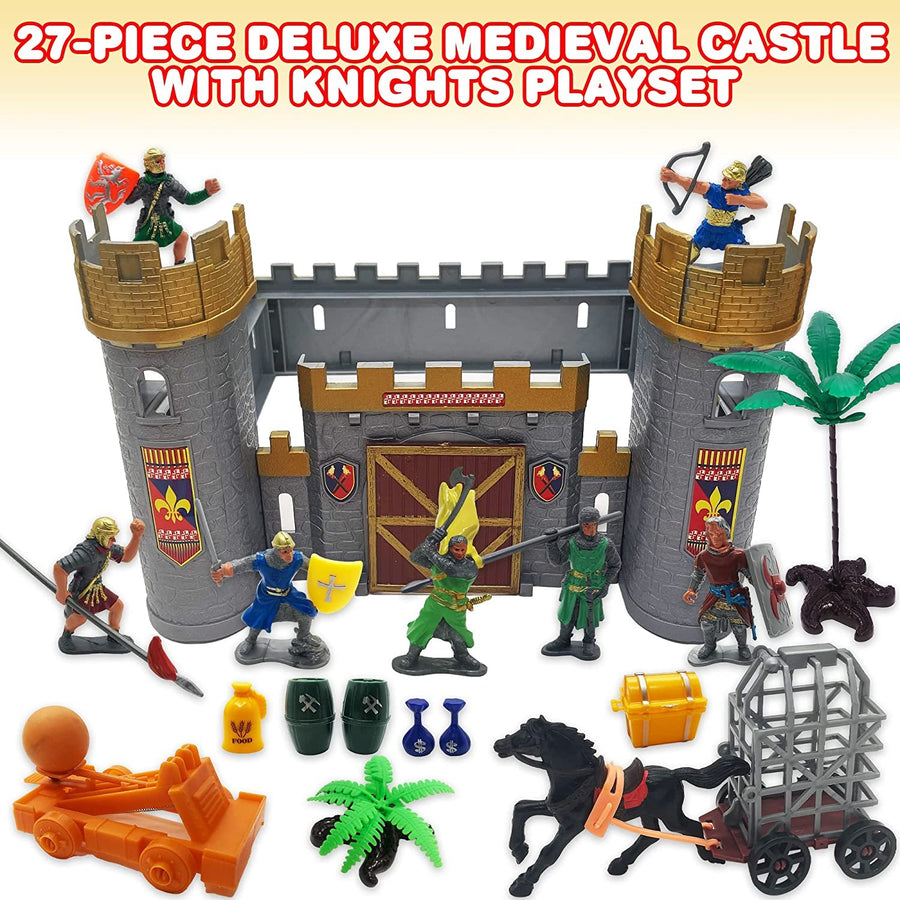 Medieval Castle Knights Playset for Kids, 27-Piece Deluxe Action Figure Play Set with Storage Bucket, Assembly Castle, 6 Knight Action Figures, Horse Drawn Carriage, Catapult, and More