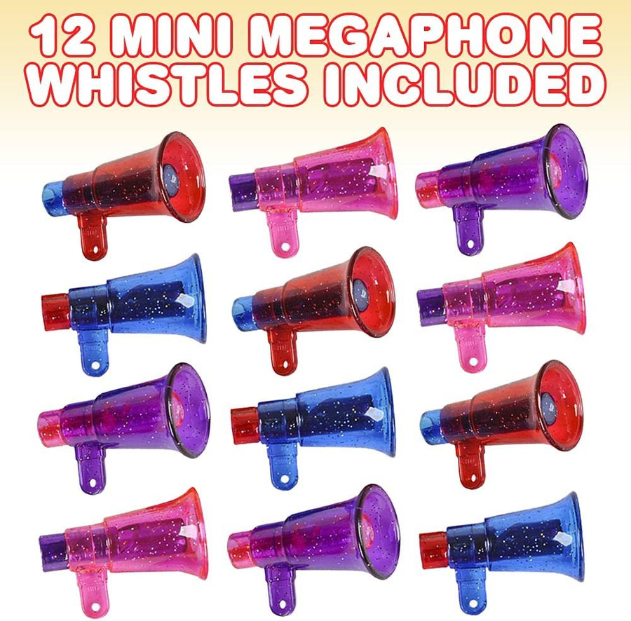 Mini Glitter Megaphone Whistles, Set of 12, High-Quality Plastic Material, Fun Party Noisemaker Toys, Cute Birthday Party Favors, Great Game Prize, Goodie Bag Fillers for Kids