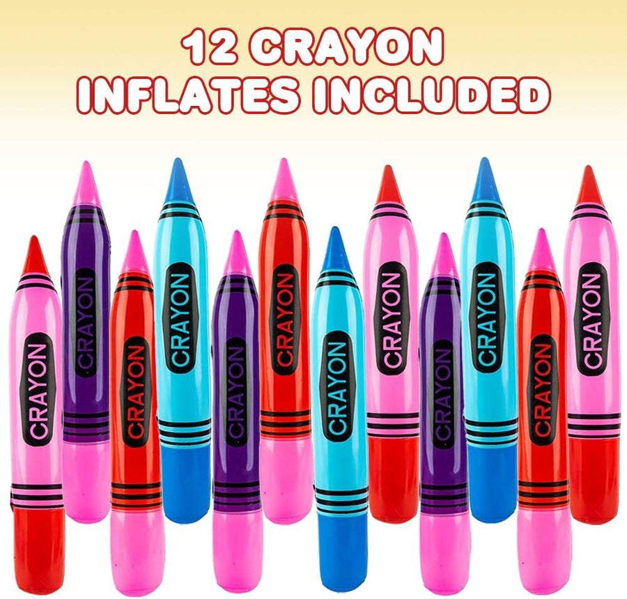Crayon Inflates, Set of 12, Inflatable Crayons in Vibrant Colors, Decorations for Art Themed Parties, 22" Long Crayon Balloons, Fun Pretend Play Accessories, 4 Colors