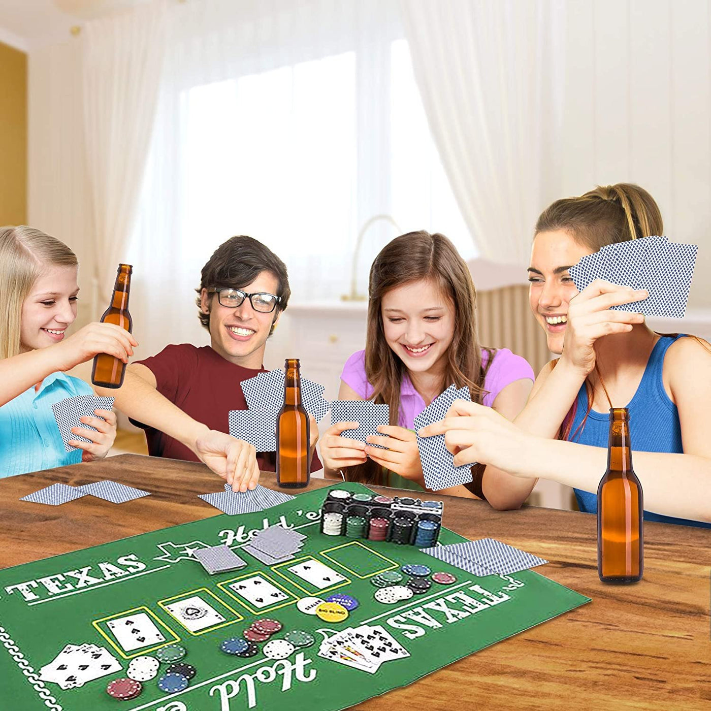 Gamie Texas Holdem Poker Game Set - Includes Hold’em Mat, 2 Card Decks, Chips, Chip Holder and Tin Storage Box - Fun Game Night Supplies - Cool Casino Gift for Kids and Adults