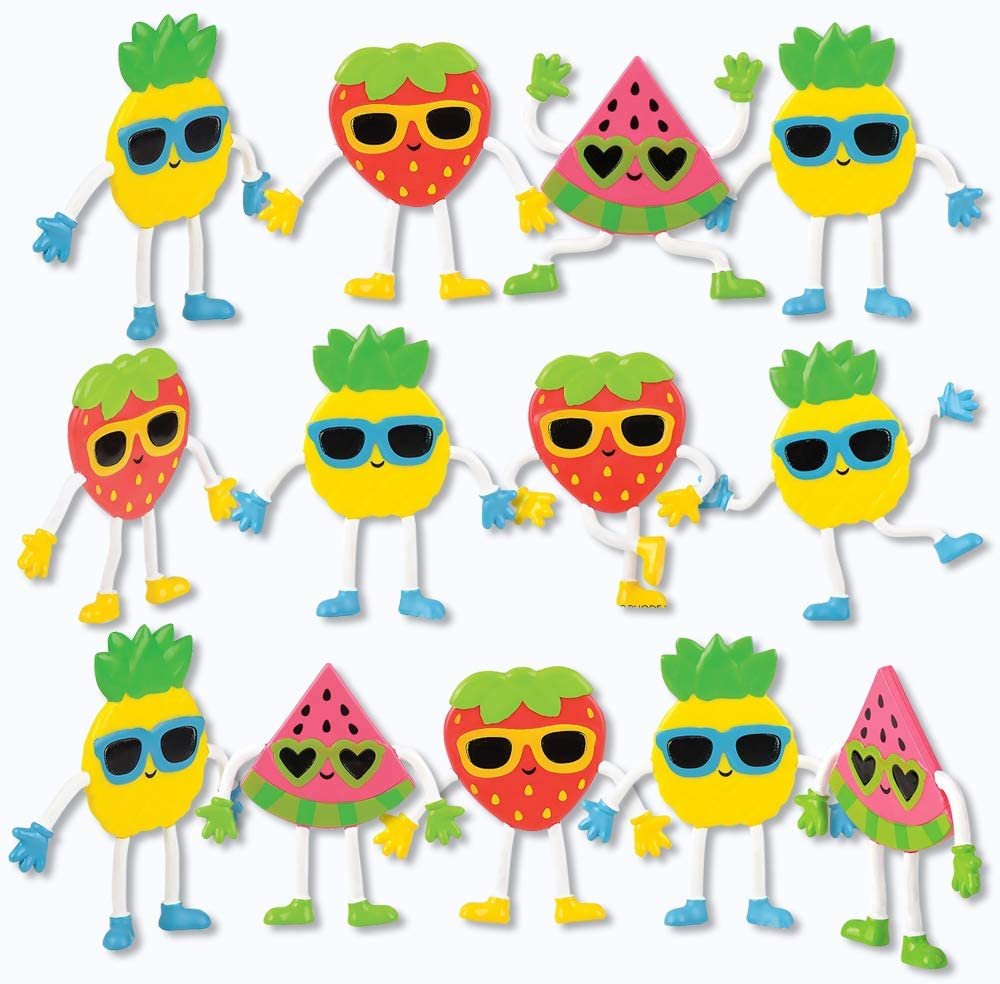 Cool Fruit Bendable Figures, Set of 24 Novelty Fruit Shaped Bendy Figurines, Stress Relief Fidget Toys, Birthday Party Favors, Goodie Bag Stuffers, Piñata Fillers for Kids