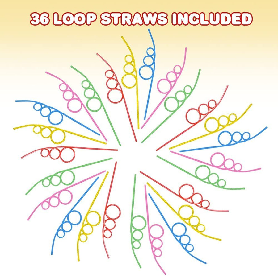 Loop Plastic Drinking Straws for Kids, Set of 36, Loopy Party Straws in Assorted Colors, Party Favors for Kids, Fun Party Supplies for Birthday, Wedding, Baby Shower, 10.5"es