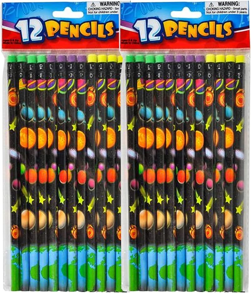 Space Design Pencils, Set of 24, Cool Space-Themed Writing Pencils with Erasers, Birthday Party Favors, Party Goody Bag Fillers, Teacher Supplies for Classroom