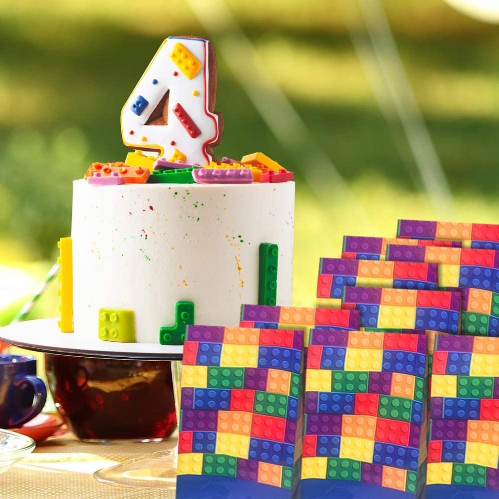 Building Block Paper Party Favor Bags, Pack of 12, Fun Themed Goodie Gift Bags, Durable Treat Bags, Construction Party Supplies and Favors for Birthday, Baby Shower, Holiday Goodies
