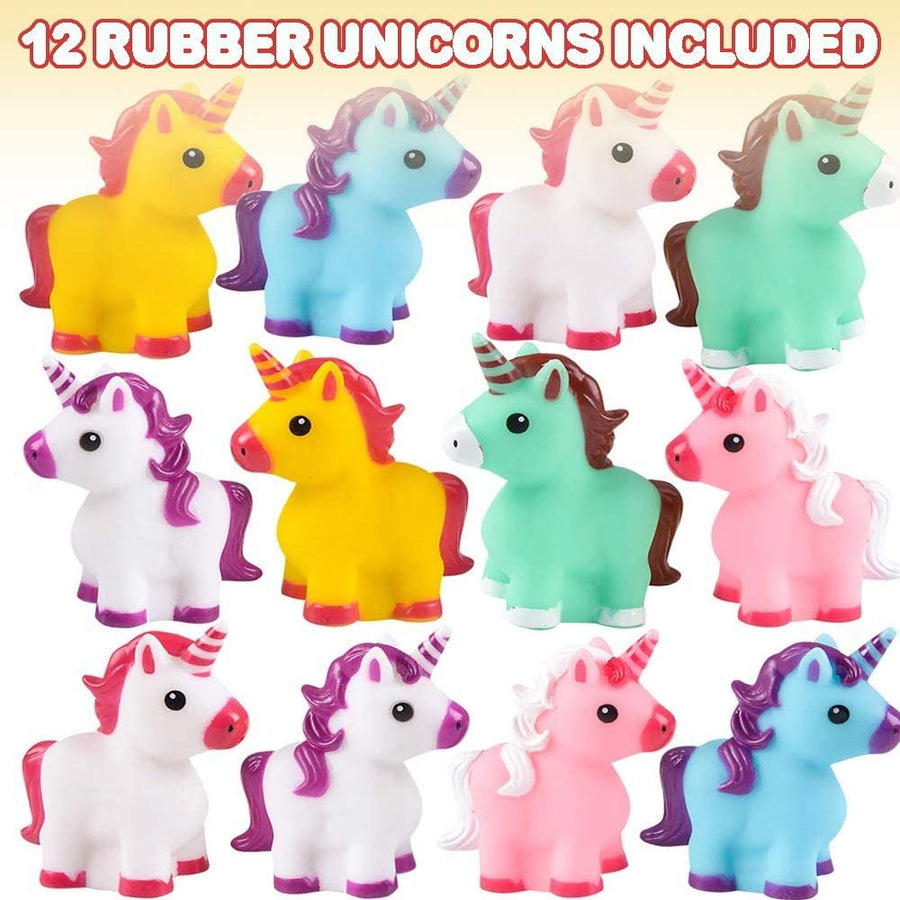 Unicorn Rubber Toys for Kids - Pack of 12 - Unicorn Birthday Party Favors and Supplies, 2" Floating Bath and Pool Water Toys for Girls, Cute Goodie Bag Fillers, Assorted Colors