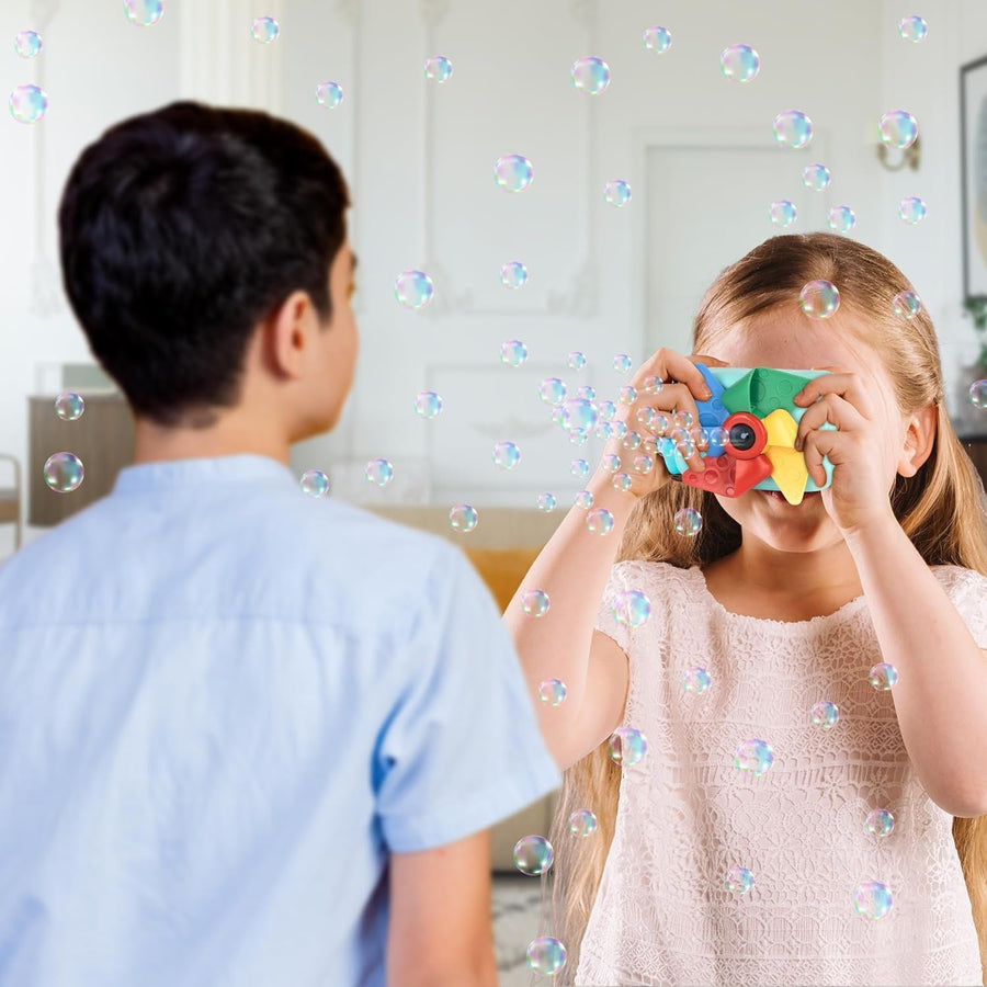 Pinwheel Camera Bubble Machine for Kids - Camera Shaped Bubble Toy with Neck Strap and Solution - Small Bubble Machine for Kids with Sounds, Music, and Lights for Extra Fun