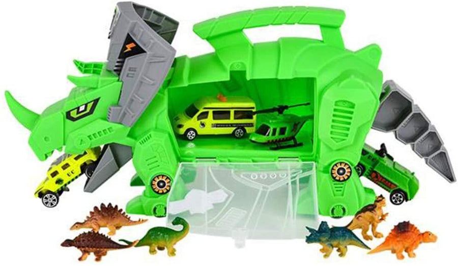 Triceratops Transporter, Dinosaur Toy Storage Organizer with Assorted Car Toys, Dinosaur Figurines, and Wheels, Cool Dinosaur Playset for Boys and Girls, Great Birthday Gift Idea