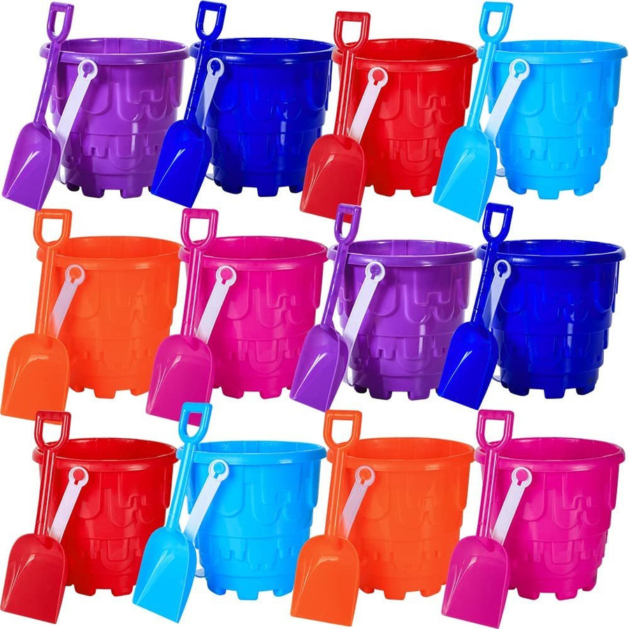 Beach Sand Castle Buckets and Shovels Set, Includes 12 Shovels and 12 Pail Buckets with a Sand Castle Design Inside, Sandcastle Building Toys, Fun Summer Sand Toys for Boys and Girls