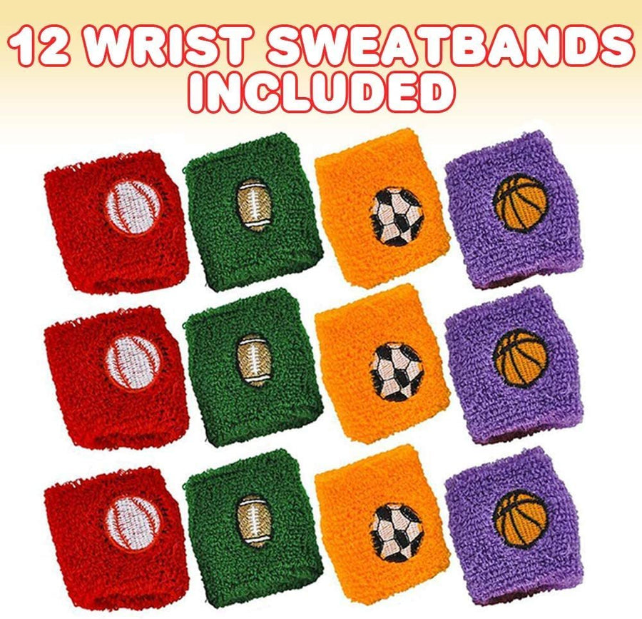 Sports Ball Wrist Sweatbands, Set of 12 Sporty Wristbands in Assorted Colors with Soccer, Basketball, Baseball, & Football Designs, Sports Themed Party Favors, Goodie Bag Filler for Kids