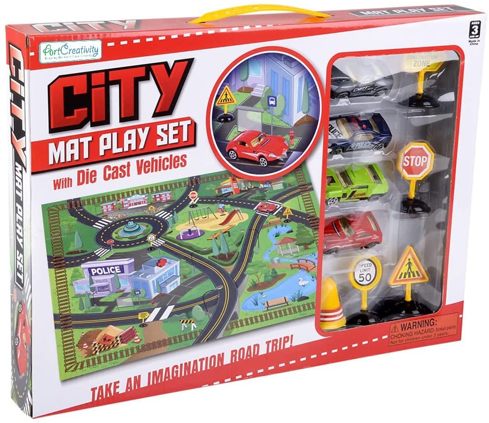 Diecast Car Set with Play Mat, Includes 4 Diecast Metal Toy Cars, 1 Play Rug, and 5 Traffic Signs, Race Car Birthday Party Supplies and Playroom Decorations, Colorful Race Car Toys