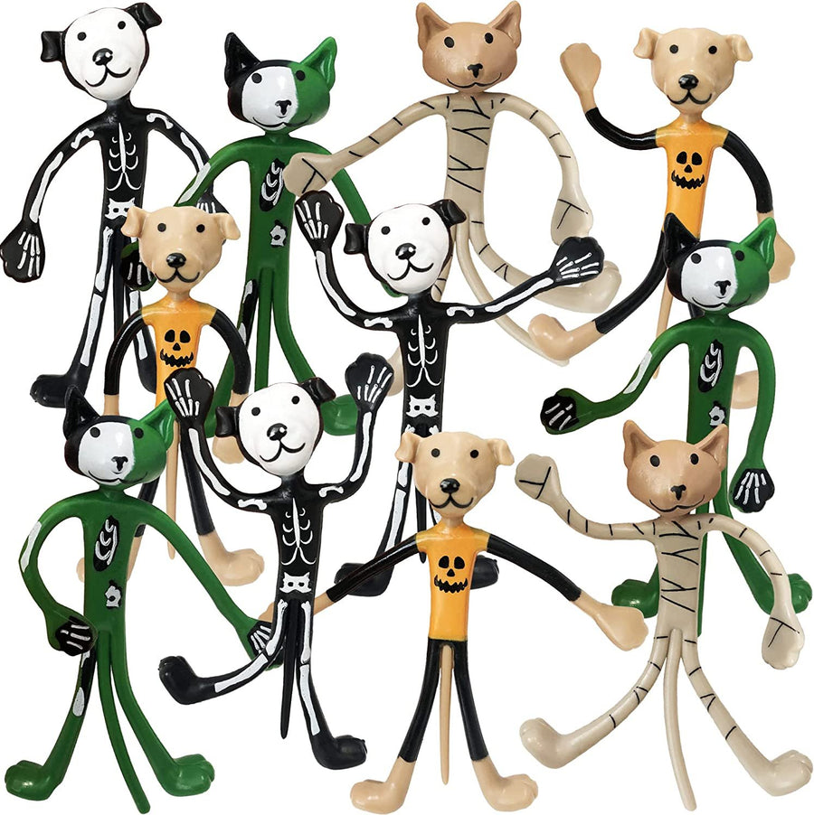 Halloween Bendable Figures, Set of 12, 3D Halloween Themed Dogs and Cats in 4 Different Designs, Stress Relief Toys for Boys and Girls, and Non-Candy Trick or Treat Supplies