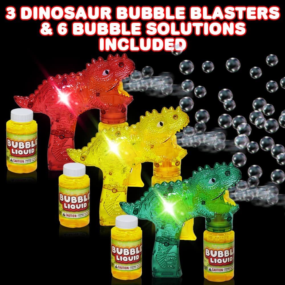 Bubbland Dinosaur Friction Powered LED Bubble Blasters for Kids, 3 Light Up Bubble Guns and 6 Bottles of Bubble Fluid, Bubble Blowing Toys for Indoor and Outdoor Fun, No Batteries Needed