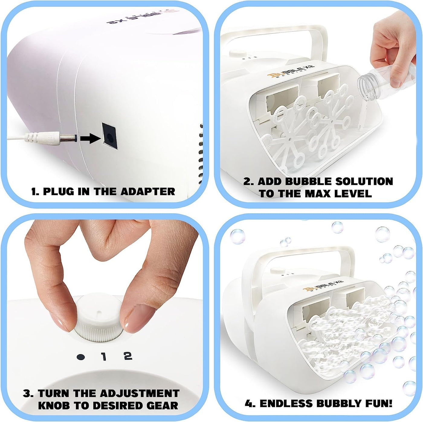 Electric Bubble Machine for Kids with Concentrated Bubble Solution, Plug-in Automatic Bubble Machine, Blows Up to 8000 Bubbles Per Minute, Dual Fan Bubble Blower for Kids Party