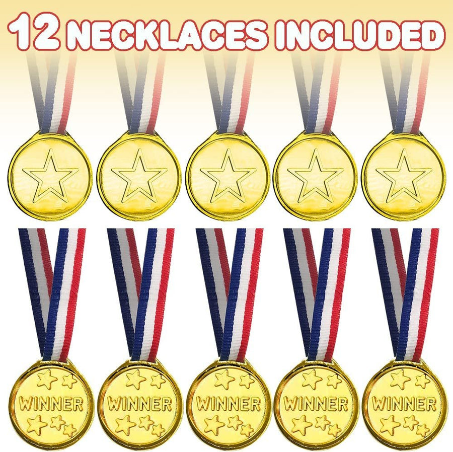 Gold Prize Medal for Kids, Set of 12 Medals on Ribbon Necklaces, Olympic Style Metal Winner Awards for Sports, Talent Show, and Spelling Bee, Gymnastic Birthday Party Favors