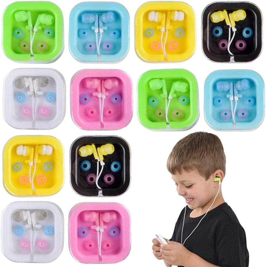 Colorful Earbuds for Kids and Adults, Set of 12, Wired Earphones for Children with Clear Case and Multiple Buds, Birthday Party Favors for Teens, Goodie Bag Fillers, Stocking Stuffers