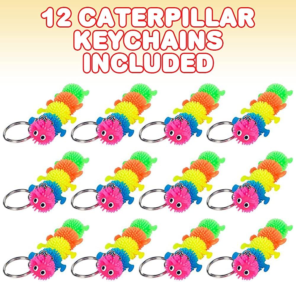 Rubber Puffer Caterpillar Keychains for Kids, Set of 12, Key Chains with Caterpillar Fidget Toy, Stress Relief Toys for Kids & Adults, Keyholder Birthday Party Favors, Goodie Bag Fillers