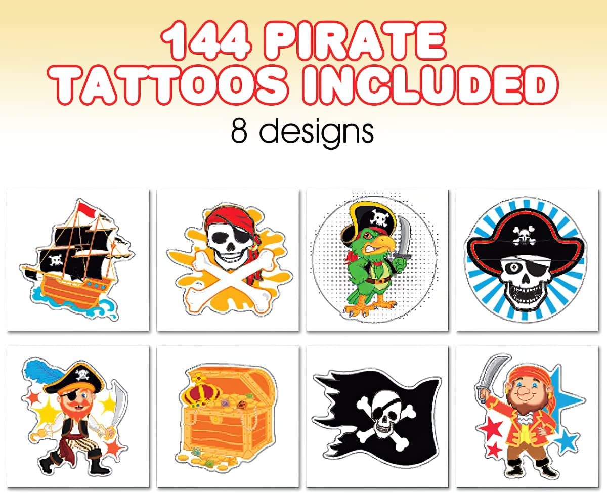 Pirate Temporary Tattoos for Kids - Bulk Pack of 144 in Assorted Designs, Non-Toxic 2" Tats, Birthday Party Favors, Goodie Bag Fillers, Non-Candy Halloween Treats