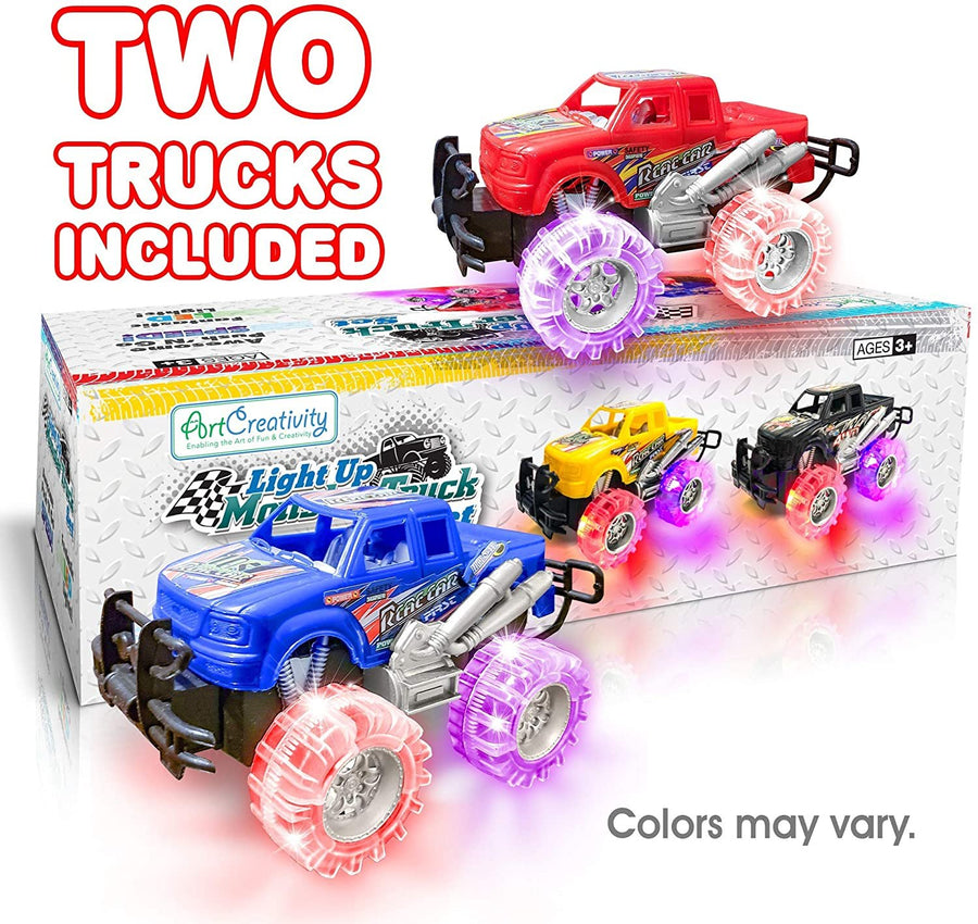 2 Pack Light Up Monster Trucks Set, 6" Push n Go Monster Trucks with Flashing LED - colors may vary.