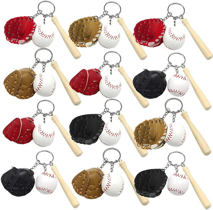 Baseball Keychains for Kids, Set of 12, Wooden Baseball Bat Keychains with a Ball and Mitt, Baseball Party Favors, Sports Party Goodie Bag Fillers, and Gifts for Athletes, 3 Colors
