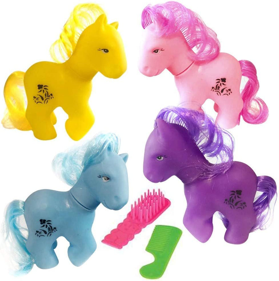 Lovely Pony 3-Piece Playset - Pack of 4 - Brushing Pony, Brush and Comb Set, Little Pony Unicorn Birthday Party Favors for Kids, Rubber Bath Toys, Cute Assorted Colors