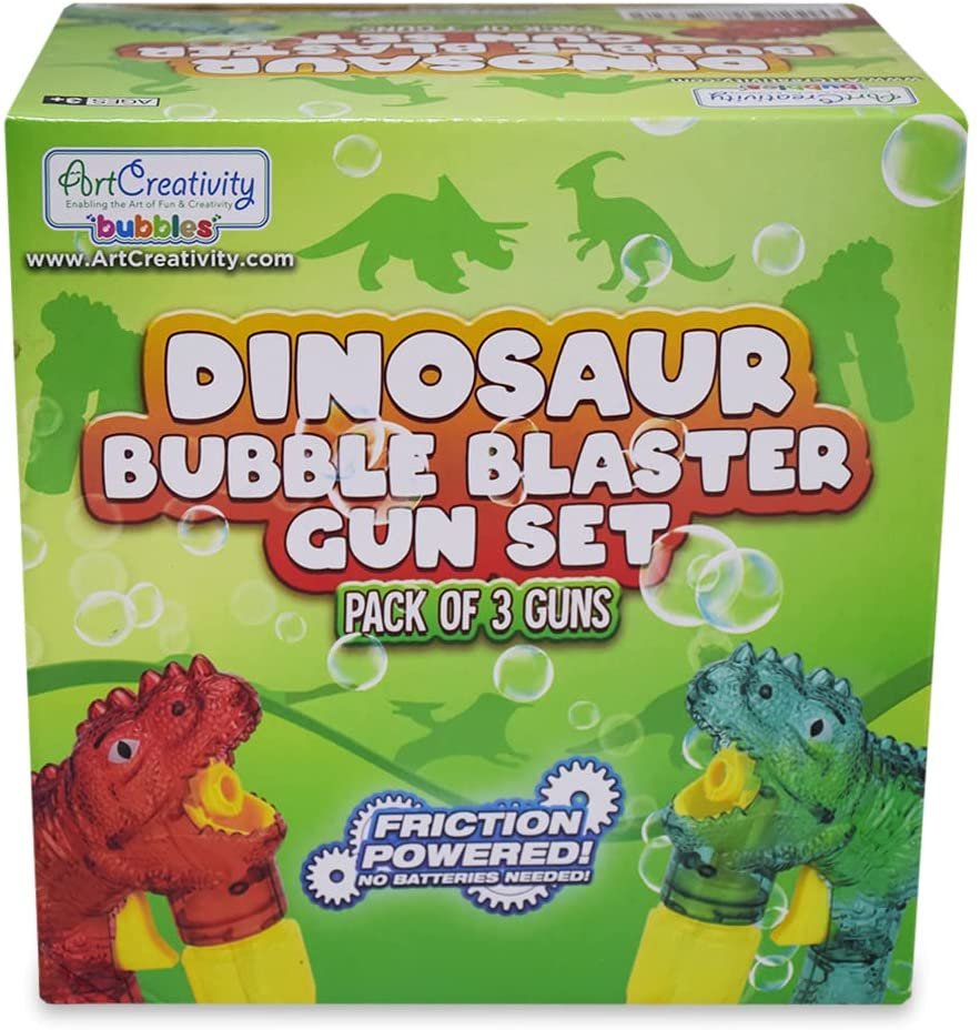 Bubbland Dinosaur Friction Powered LED Bubble Blasters for Kids, 3 Light Up Bubble Guns and 6 Bottles of Bubble Fluid, Bubble Blowing Toys for Indoor and Outdoor Fun, No Batteries Needed