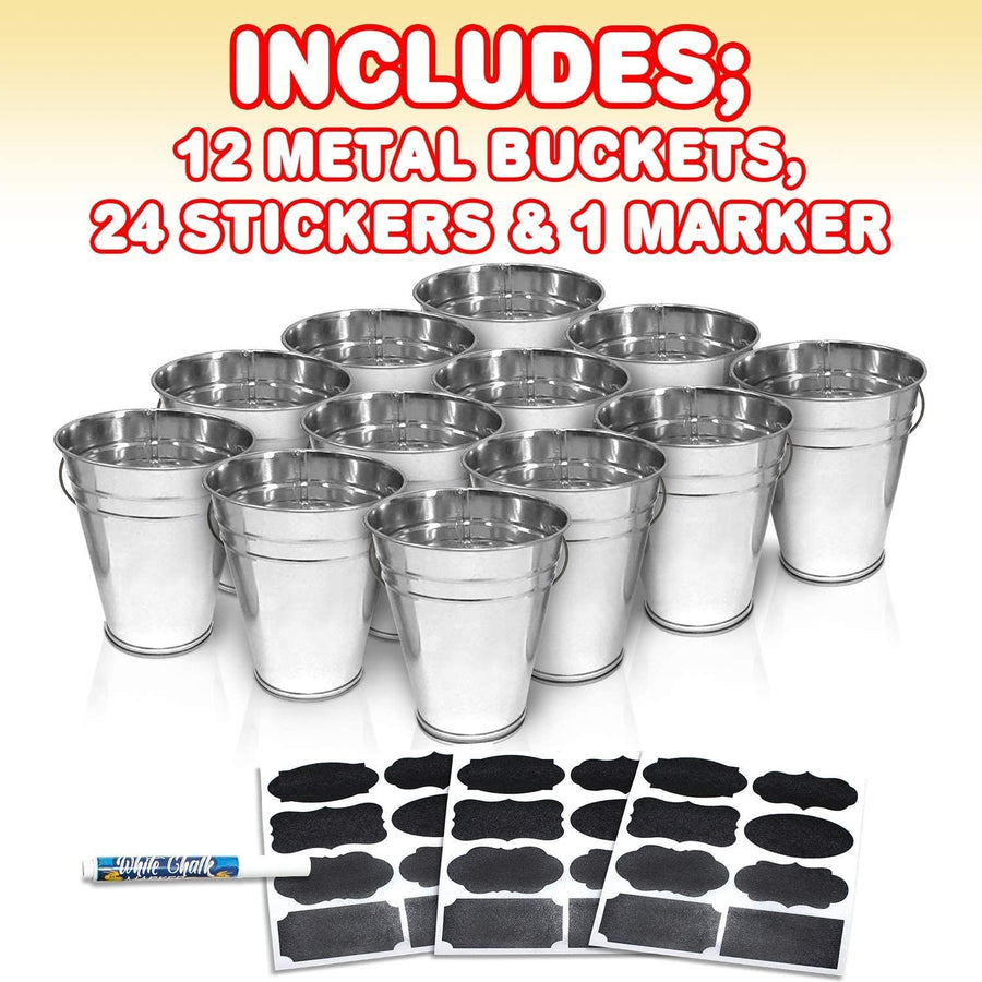 Large Galvanized Metal Buckets Set, Includes 12 Rustic Pails with Handles, 24 Chalkboard Labels and 1 Liquid Chalk Marker, 5" Galvanized Buckets for Party Favors, Wedding Decorations