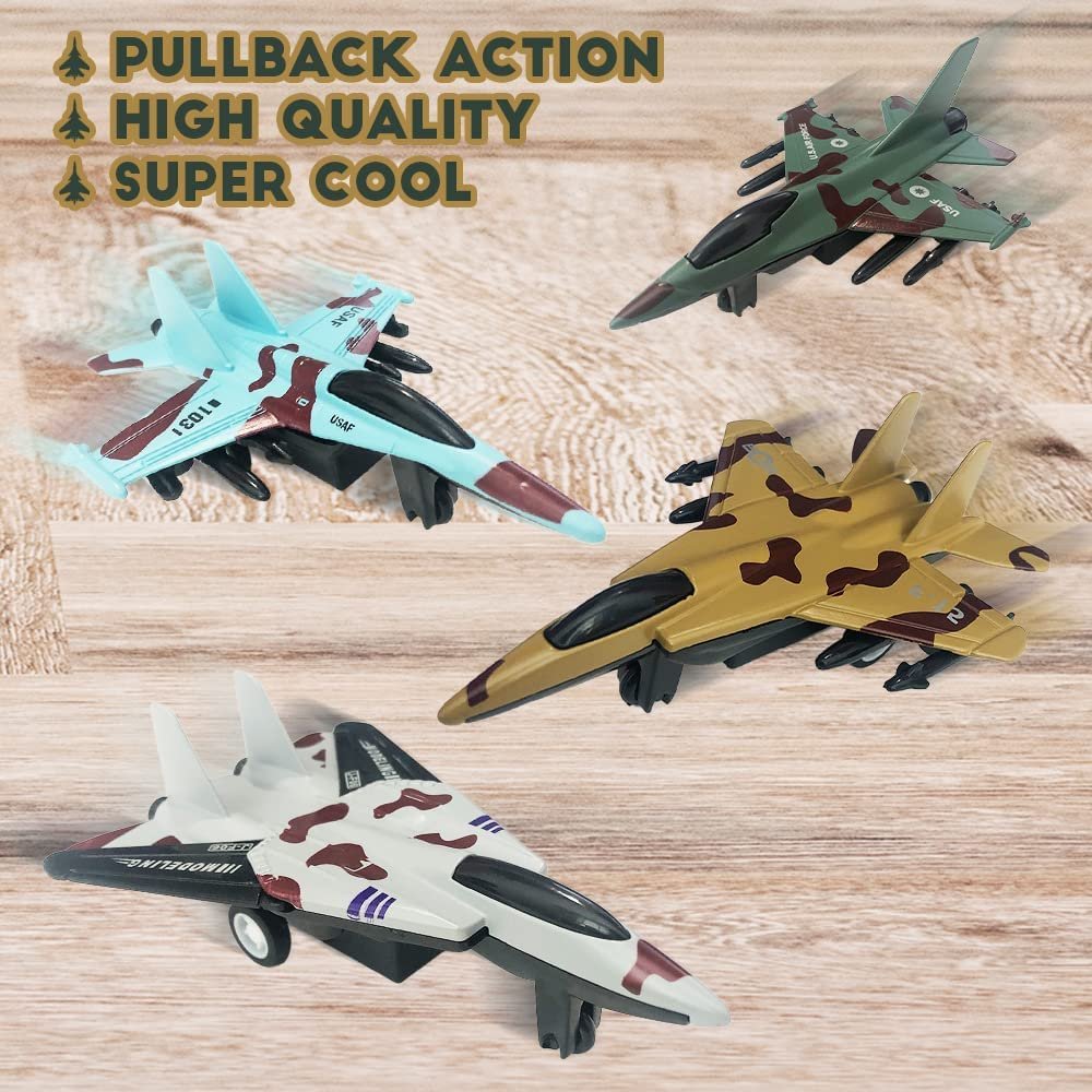 Diecast Fighter Jets, Pullback Mechanism, Set of 4, Diecast Metal Jet Plane Fighter Toys for Boys, Air Force Military Cake Decorations, Pull Back Airplane Party Favor, 4 Colors