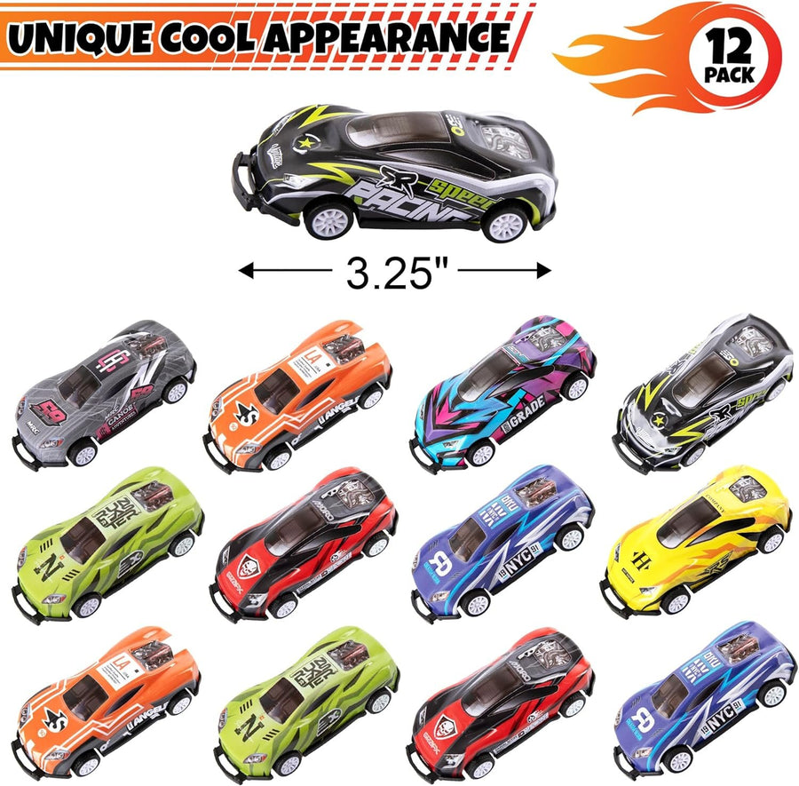 Pullback Flip Stunt Cars for Boys - Set of 12 - Pullback Diecast Race Cars for Kids in 8 Cool Designs - Retro Toy Cars for Boys and Girls - Model Stunt Cars for Hours of Racing Fun