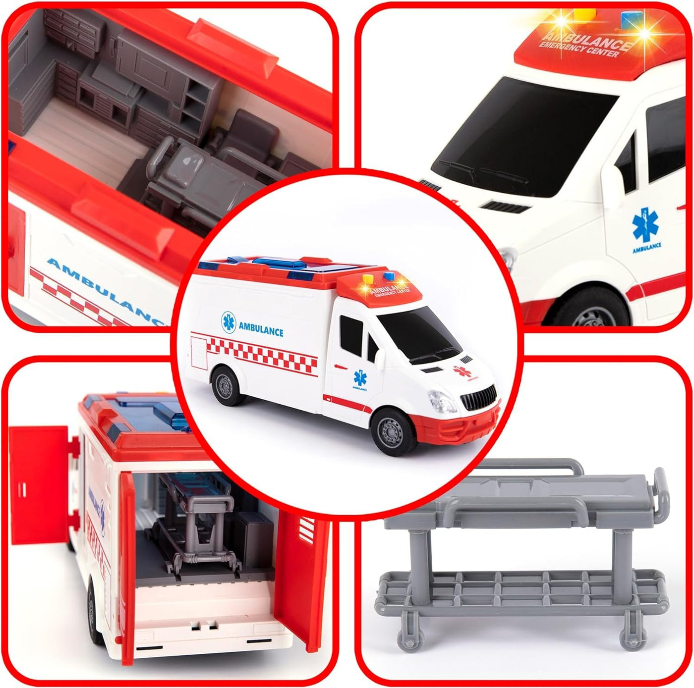 Ambulance Toy Truck for Kids 3,4,5,6,7,8, Lights & Siren, Friction-Powered 1/16 Scale Rescue Toy Ambulance, Emergency Vehicle Toys with Removable Stretcher, Doors Open for Immersive Imagination