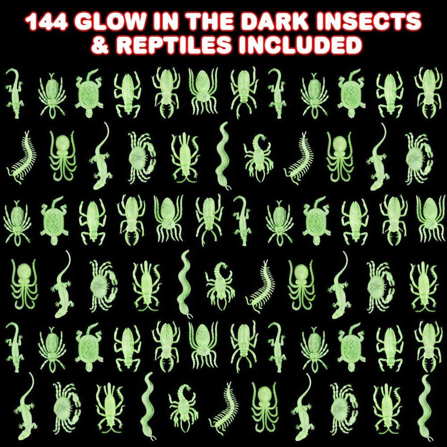 Glow in The Dark Insects and Reptiles, Set of 144, Cool Glowing Toys for Boys and Girls, Fun Assorted Creatures, Insect Birthday Party Favors, Goodie Bag Stuffers, Craft Supplies