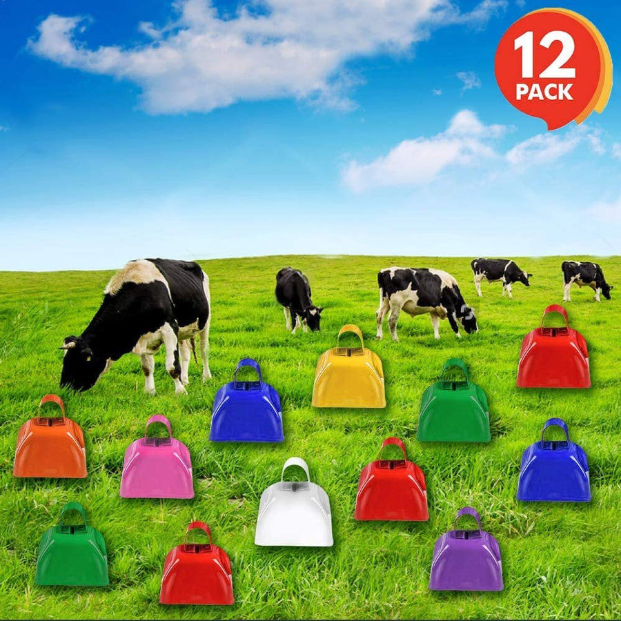 3" Metal Cow Bell Noise Maker - Pack of 12 - Small Loud Metal Cowbell Noisemaker with Handle - Great for Football Games, Sporting Events, Weddings, New Year’s - Kids and Adults Prize