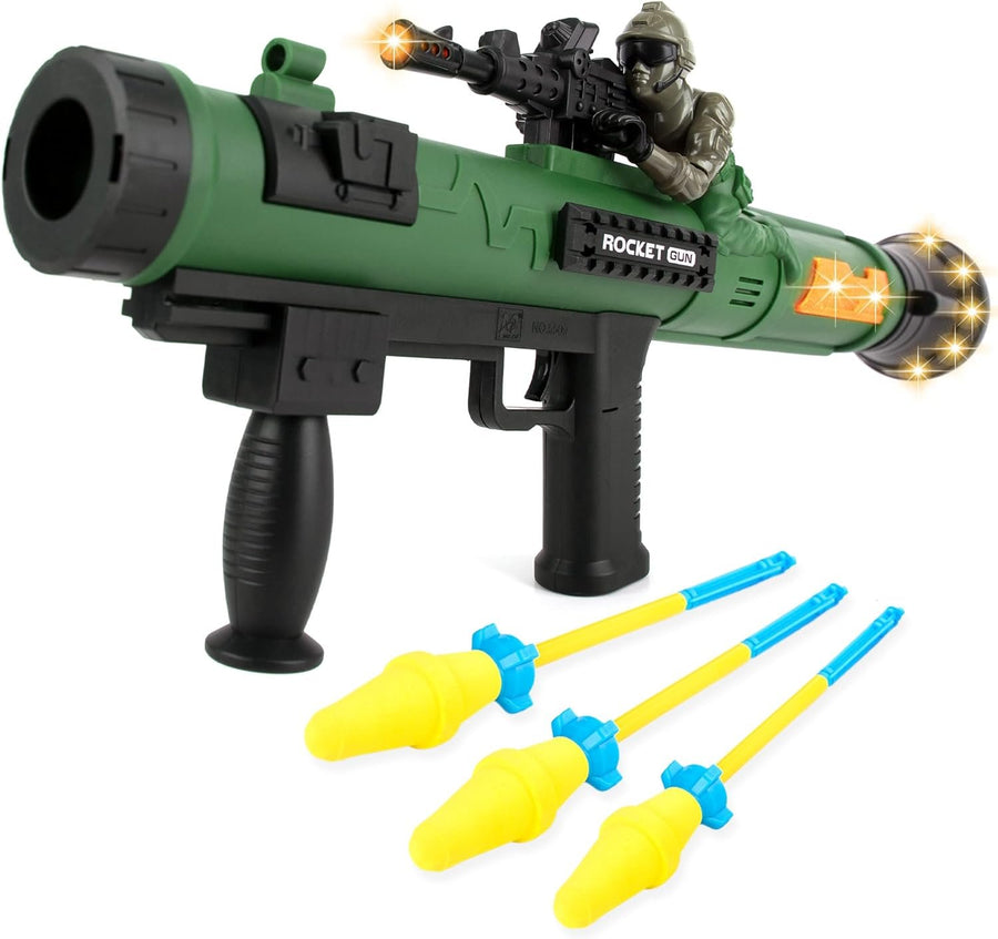 Rocket Launcher Handheld Gun with Lights & Sounds, Light Up Toy Rocket Launcher for Kids with 3 Rockets, Cool Sound, Vibration, & LED Effects, Military Pretend Play Toys for Boys