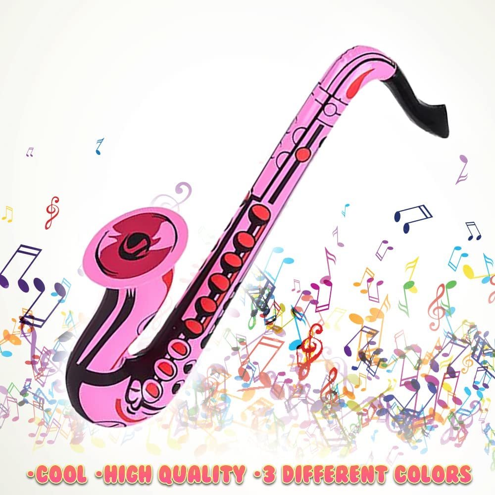Saxophone Inflates, Set of 3, Inflatable Saxophone Toys for Kids, Decorations for Music Themed Parties, 21.5" Long Saxophone Balloons for Fun Pretend Play, Pink, Green, Orange