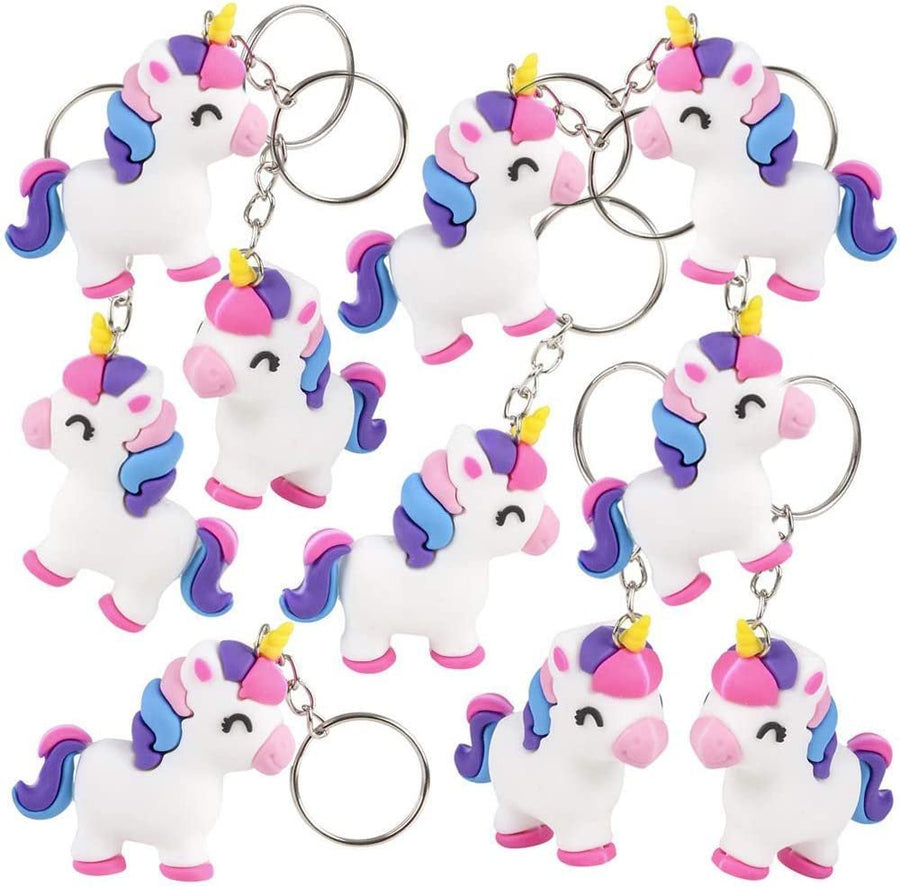 Unicorn Rubber Keychains, Set of 12, Fun Key Chains for Backpack, Purse, Luggage, Unicorn Birthday Party Favors for Kids, Goodie Bag Fillers, Small Prizes for Boys and Girls