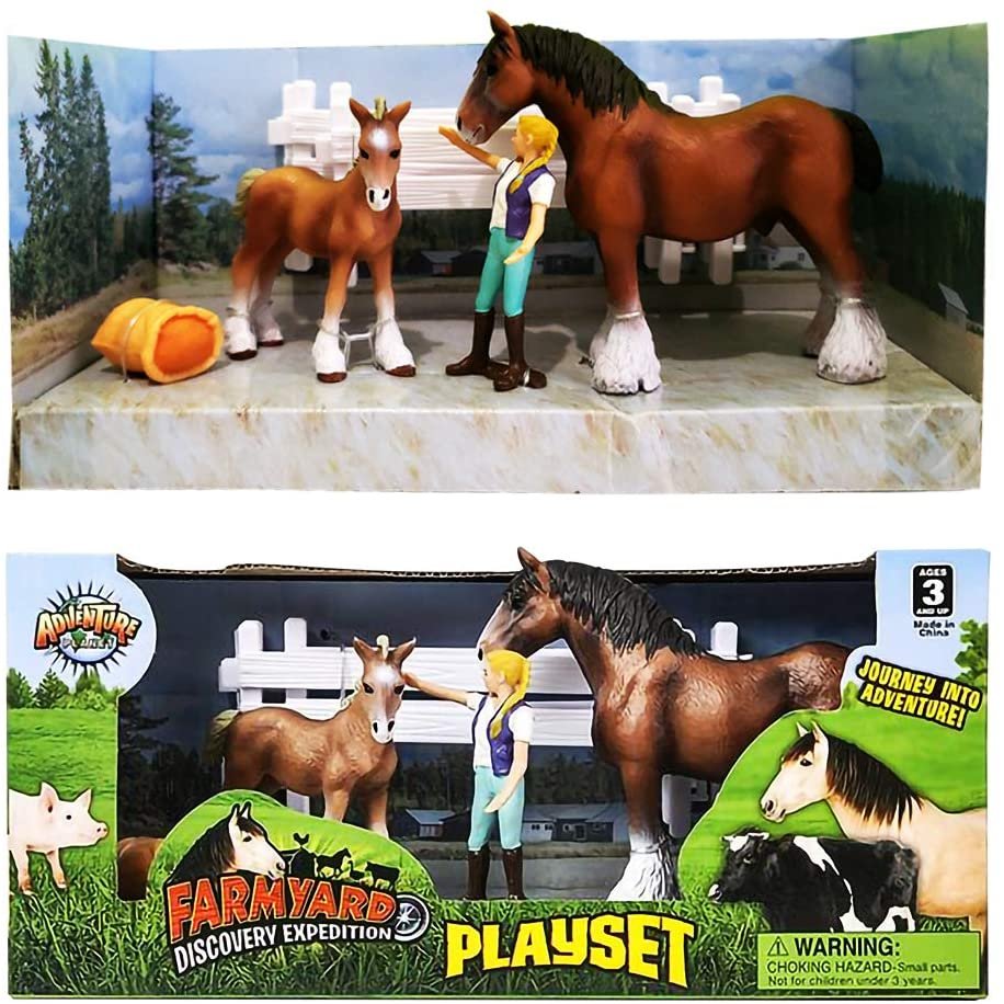Horse Play Set for Kids - 5 Piece - Includes 2 Horses, Equestrian Figurine, Fence and Haystack - Durable Playset for Pretend Play - Best Holiday, Birthday Gift for Boys, Girls, Toddlers