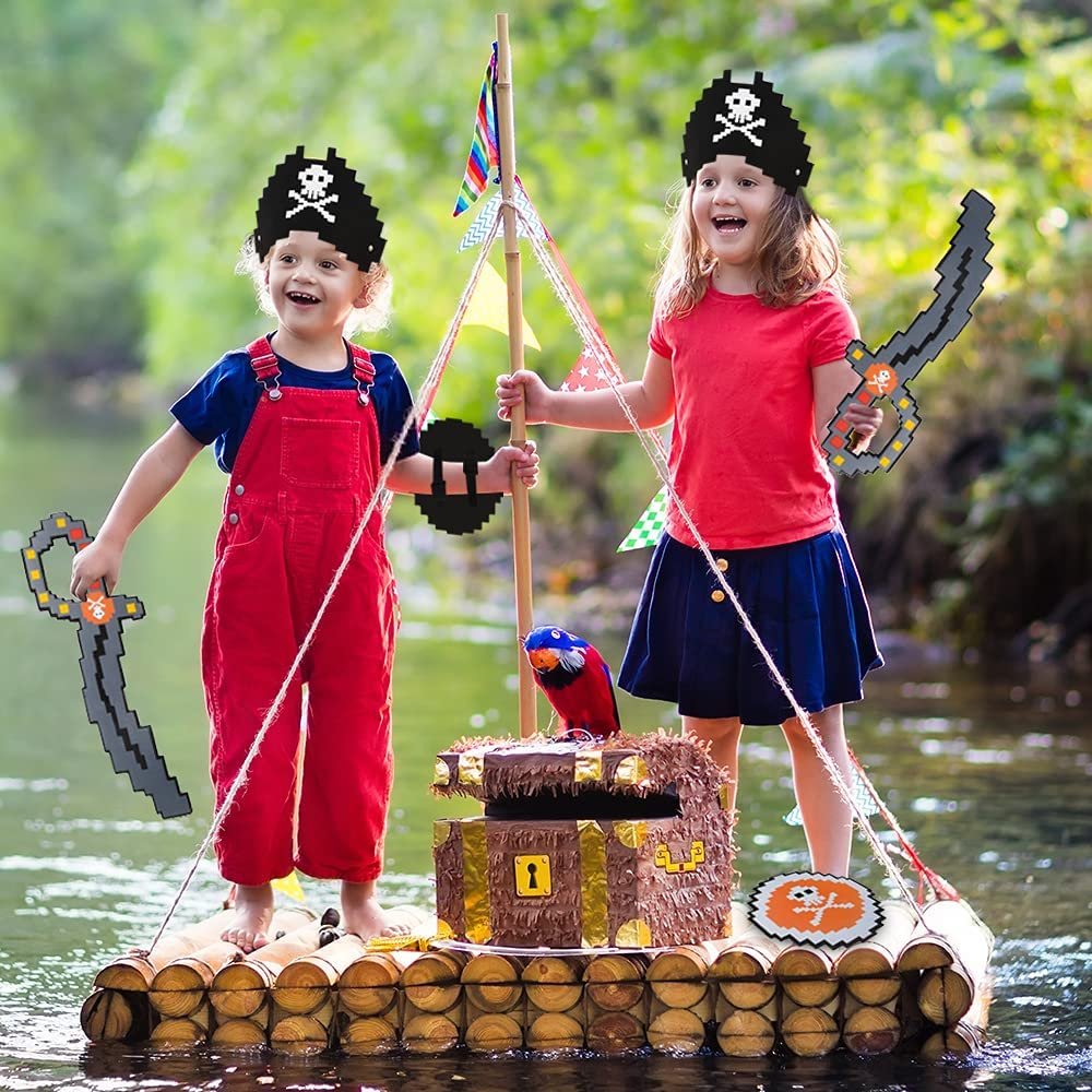 Foam Pixel Pirate Set, 3-Piece Kit with Pixelated Sword, Shield, and Hat, Unique Halloween Pirate Costume Accessories, Fun Pirate Toys for Kids, Great Birthday Gift Idea